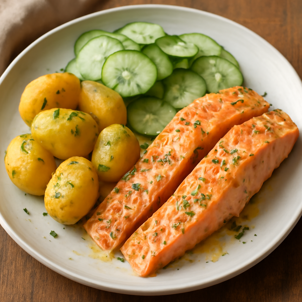 Photo du plat Saumon froid mariné, pommes de terre et salade de concombre