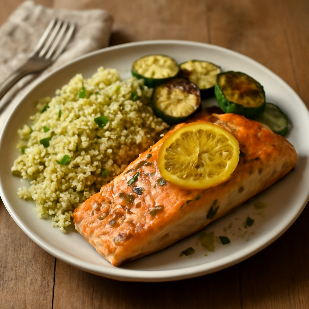 Photo du plat Saumon au four, semoule aux herbes et courgettes