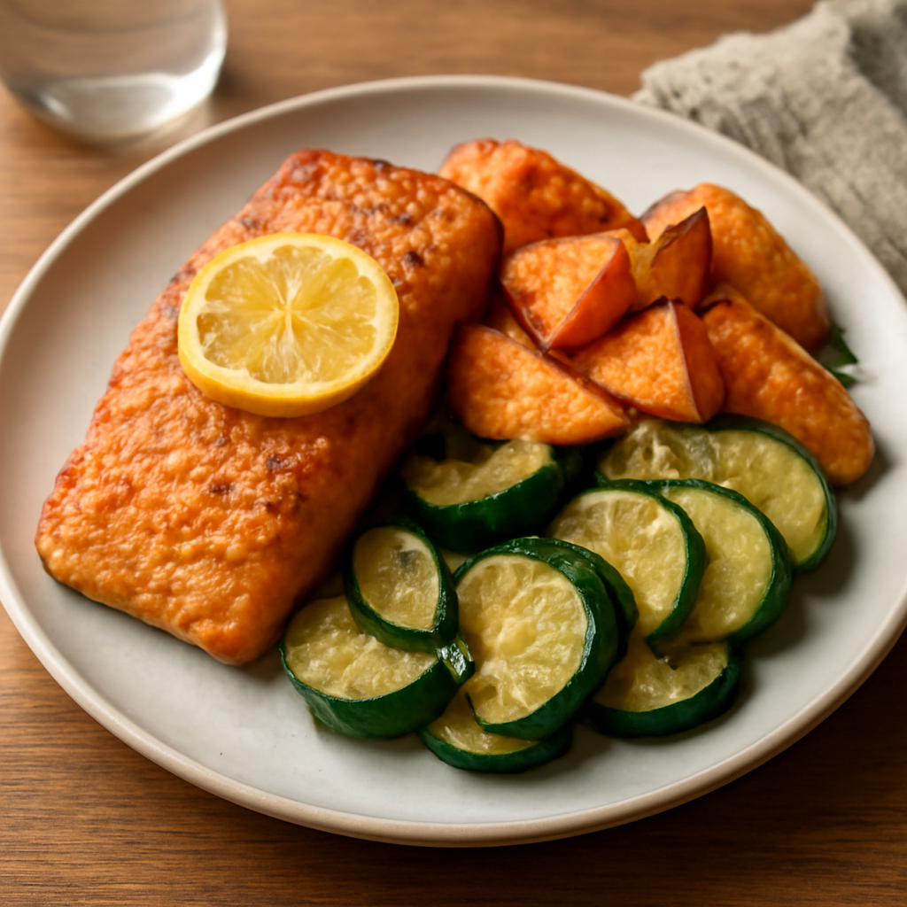 Photo du plat Saumon rôti au citron, patates douces et courgettes